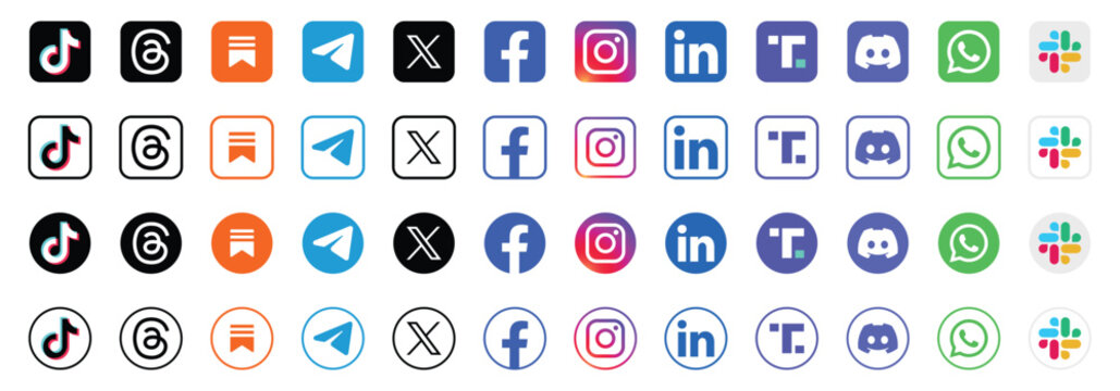 social media icon set or social network logos, whatsapp, linkedin, x, threads, youtube, pinterest, discord, snapchat, tiktok, facebook, instagram, slack, substack, logo. social media app. vector eps