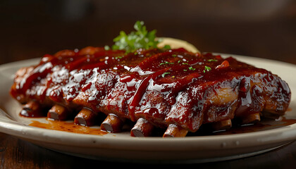 A plate of delicious barbecue ribs with a side of garnish