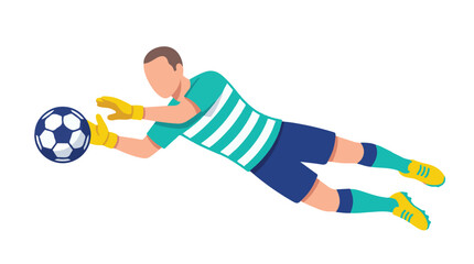 Diving soccer goalkeeper catching the ball, action in a sports game.