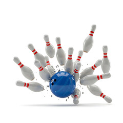 Blue bowling ball scattering white pins on white background