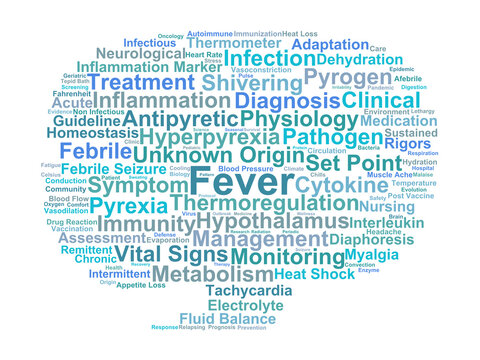 Fever Physiology Word Cloud. Key Terms in Pyrexia Management and Clinical Thermoregulation