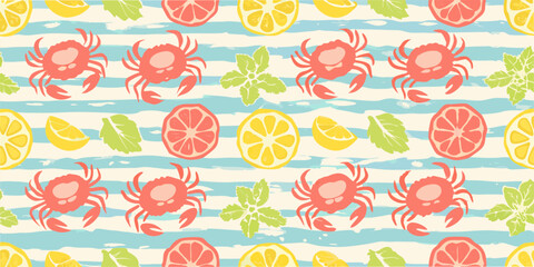 Colorful seamless pattern with crabs citrus fruits and mint leaves © Tithi