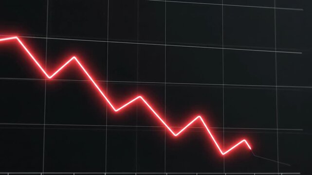 Glowing Red Neon Line Chart Crashing Downwards On Dark Grid Background