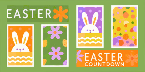 Colorful easter themed cards with bunnies flowers and polka dots © Tithi