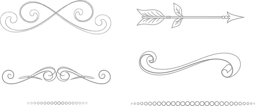 Decorative design elements collection featuring elegant swirls, a stylized arrow with leaves, and a simple dotted line.