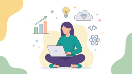 Female developer working on laptop with technology and business icons