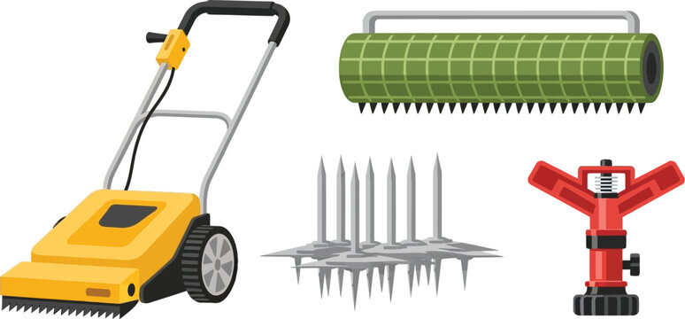 Various yellow lawn care tools and aeration spikes are displayed against a white background for gardening concepts.