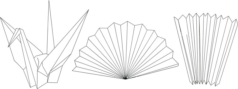 A collection of folded paper crafts including an origami crane and two styles of paper fans are shown as outline drawings.