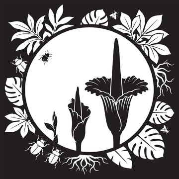 Life cycle of a Corpse Flower, from sprout to bloom, with insects and roots, in a circular frame.