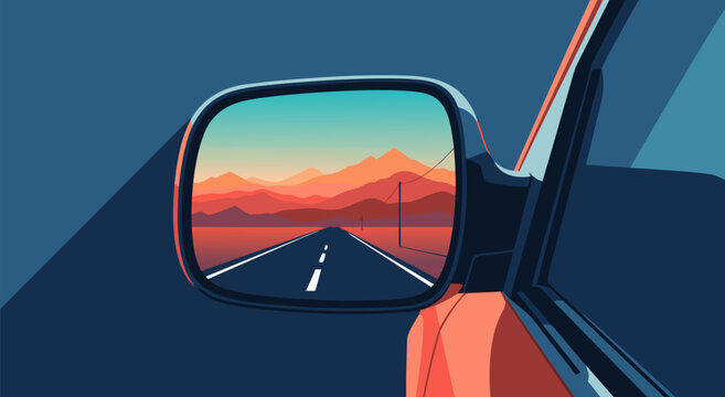 Vector illustration of a car's side mirror reflecting a desert road and open door in a dark blue sky backdrop