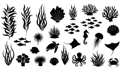 Elegant underwater silhouette vector collection with ocean plants corals seaweed fish marine animals isolated on transparent background © MdAshik