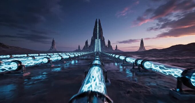 Futuristic landscape featuring glowing energy conduits leading to a towering spire at sunset