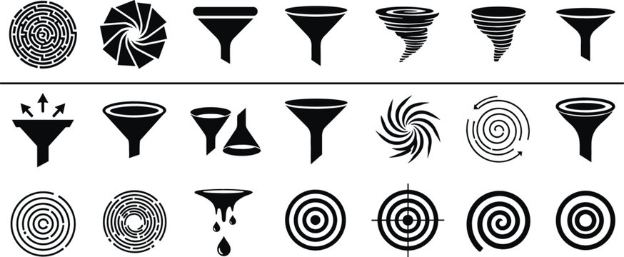 Black silhouette icon set featuring funnel filters, vortex swirls, circular maze, target symbols, and spiral shapes for marketing data processing and technical diagrams.
