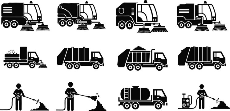 Black silhouette icon set of street sweeper trucks, garbage trucks, water tanker, and sanitation workers using high pressure power washers flat vector.