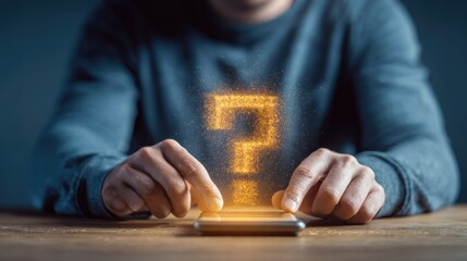Illuminated question mark hovers above a person interacting with a digital device