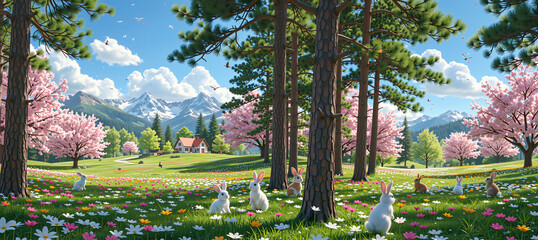 Obraz premium Rabbits in a colorful spring meadow with cherry blossoms and mountains