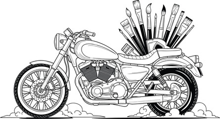 Creative motorcycle line art illustration featuring a vintage chopper bike with artist paint brushes in the back seat, artistic biker lifestyle concept, © Creative Mind