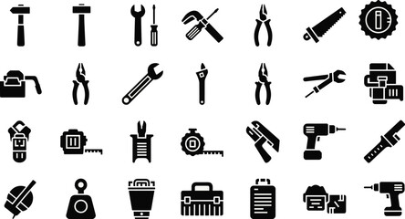 Obraz premium Construction and mechanic tool icon set illustration, hammers, wrenches, screwdrivers, drills, toolboxes, DIY hardware artwork, flat vector illustration