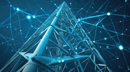 Metallic communication tower structure rises into a digital network grid background