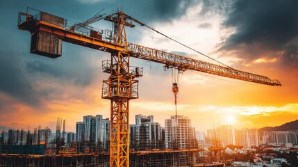 Large construction tower crane operates against a dramatic orange and gray sky over a developing cityscape