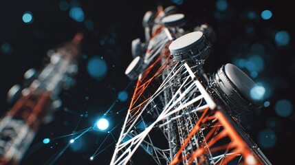 Metallic transmission tower structure rises against a dark background illuminated by digital light effects