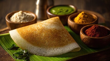 Golden brown savory crepe rests on a vibrant green leaf surrounded by various spices and condiments in wooden bowls