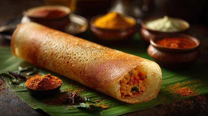 Savory stuffed crepe is displayed prominently with accompanying spice powders and dipping sauces