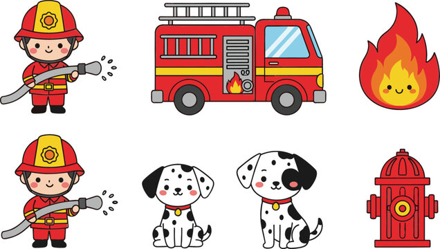 Cute kawaii firefighter character holding hose with red fire truck dalmatian puppy dog fire hydrant and flame icon set for kids education.