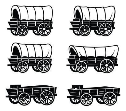 Classic line art wagon set featuring covered wagons and open cargo wagons for historical projects and western themes