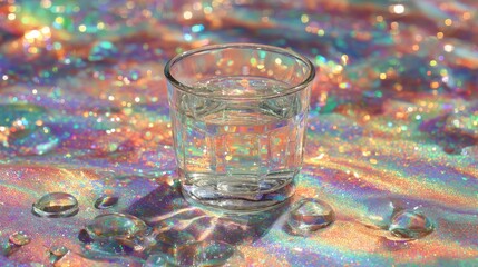 Clear liquid rests in a small glass surrounded by iridescent, sparkling surface droplets