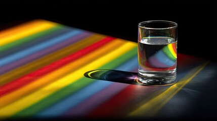 Clear drinking glass filled with liquid refracts light creating vivid spectral stripes on a dark surface