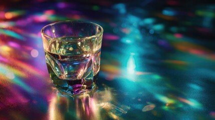 Single clear drinking vessel sits upon a surface illuminated by vibrant, multicolored light streaks.