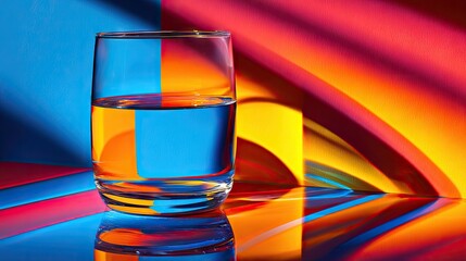 Clear drinking vessel filled with liquid refracts vibrant, saturated colors across a reflective surface.