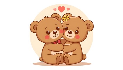Cute teddy bear couple hugging, kawaii style, pastel colors, flat cartoon illustration.