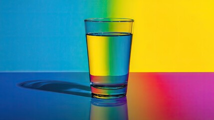 Transparent drinking vessel filled with clear liquid sits centrally against a vibrant multicolored background