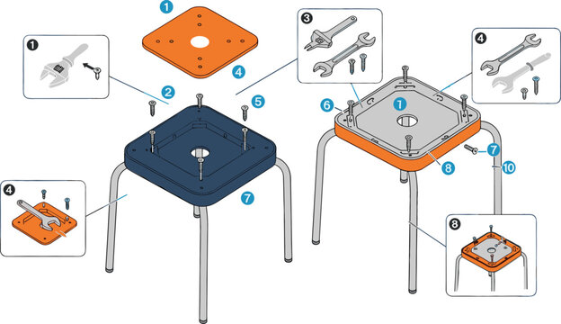 Detailed technical diagram for furniture assembly showing stool components, metal legs, screws, and wrench tool icons with numbered steps for DIY instructional guide.