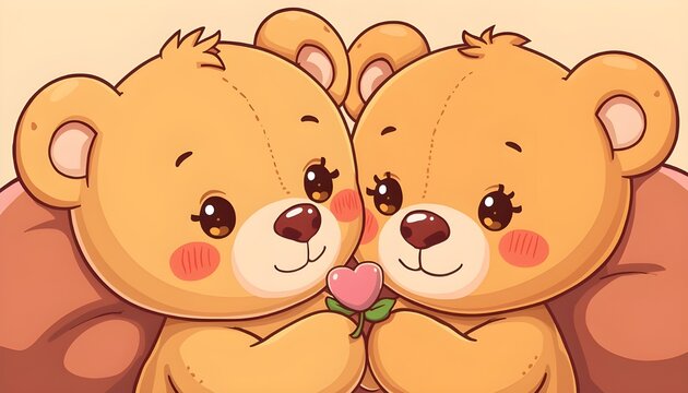 Cute teddy bear couple hugging, kawaii style, pastel colors, flat cartoon illustration.