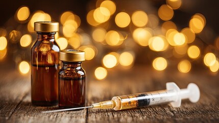 Medical vials containing liquid medication stand beside a hypodermic needle on a wooden surface with warm bokeh lights in the background.