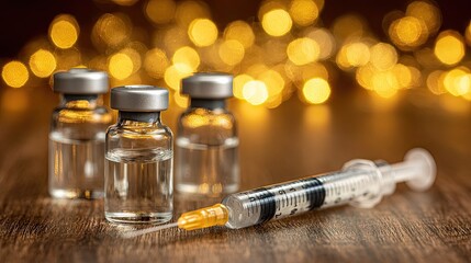 Three glass medical vials and a hypodermic instrument rest on a wooden surface with bright golden bokeh illumination.