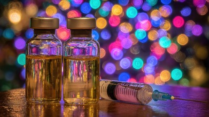 Two small glass vials containing yellow liquid sit beside a filled medical syringe with a colorful light display in the background.