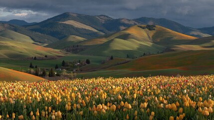 Expansive field of blossoming yellow flowers sits before rolling green hills under a dramatic sky
