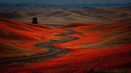 Winding road carves through rolling hills blanketed in vibrant red flora under an overcast sky