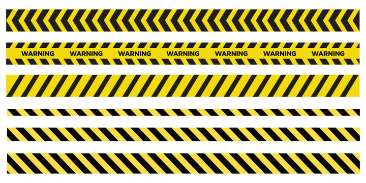 Yellow warning tape safety stripe. Caution barrier stripe for safety zone, blocked area, website page, road work, site maintenance, redesign progress. Vector illustration.