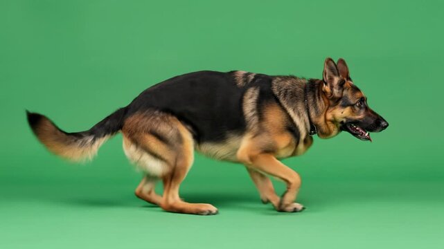 German Shepherd Dog Running on Green Screen Background