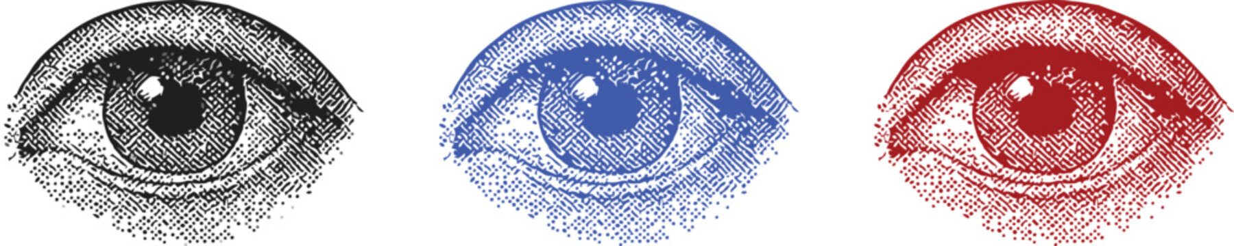 Set of halftone human eye icon isolated on white background, colorful vector illustration of eye anatomy with pupil and eyelashes in dot shading for medical, optometry, and vision concepts.