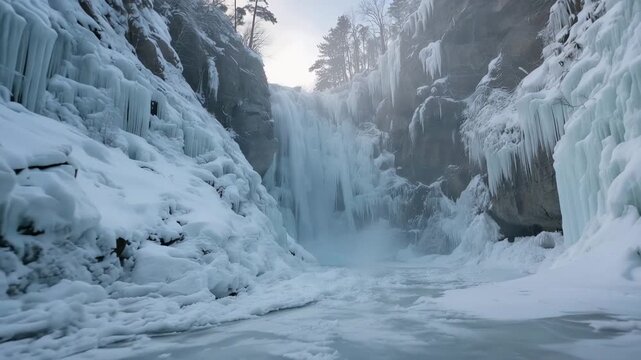 Ultra HD Spectacular frozen waterfall cascading down icy cliffs amidst a snowcovered winter landscape with towering icicles and frosty trees video