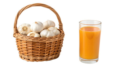 Fototapeta premium Basket of garlic bulbs and a glass of juice isolated on transparent background