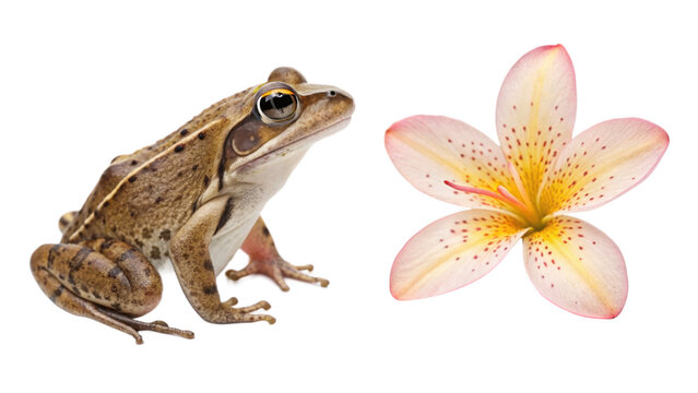 Brown frog sitting next to a white flower isolated on transparent background