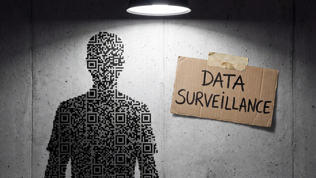 Digital identity data surveillance tracking and personal privacy invasion concept showing human profiling through QR code monitoring raising cybersecurity ethics and data protection awareness
