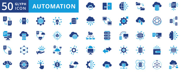 automation icon pack flat contains near communication, elastic computing, internet of things, automated reporting, digital ecosystem, content delivery, industry 4.0, ai technology adoption
